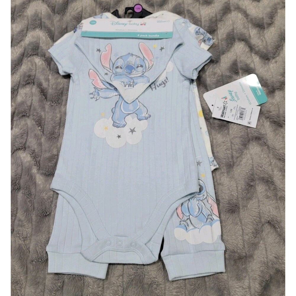 Disney Baby Stitch Blue Unisex 12 Months 4 Piece Outfit Layette Set NWT